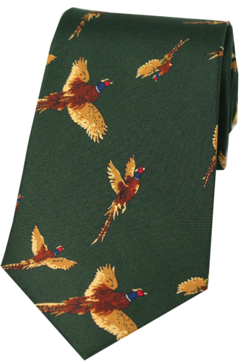 Soprano Flying Pheasants On Country Green Ground Country Silk Tie