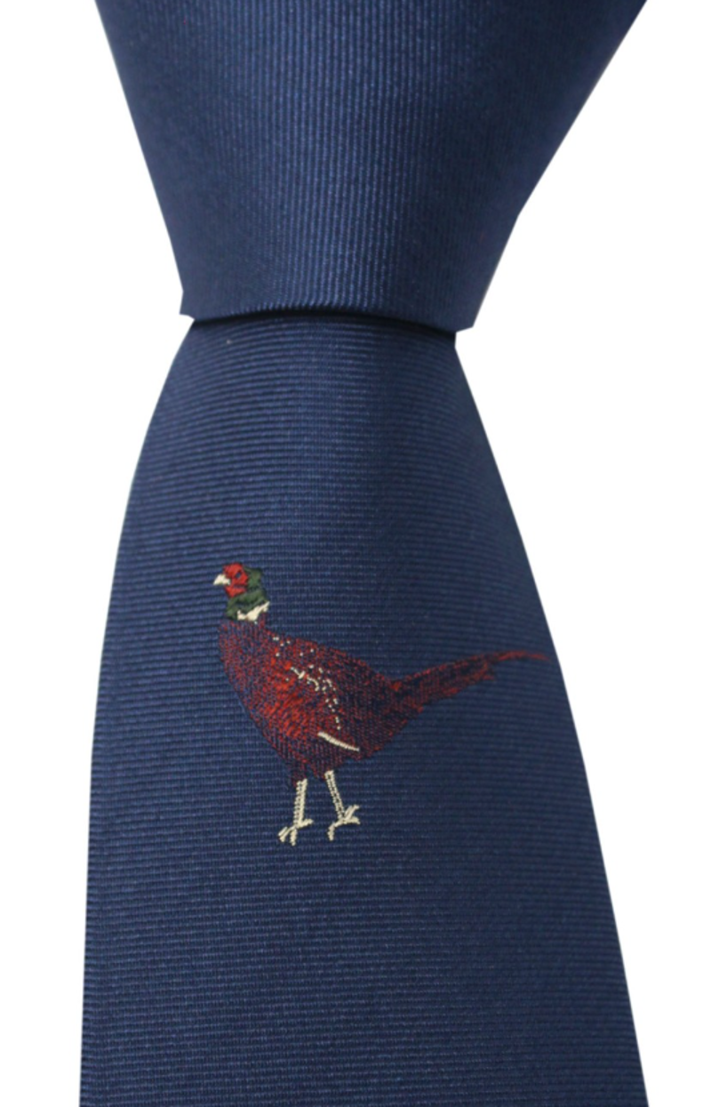 Soprano Single Motif Standing Pheasant On Navy Ground Country Silk Tie